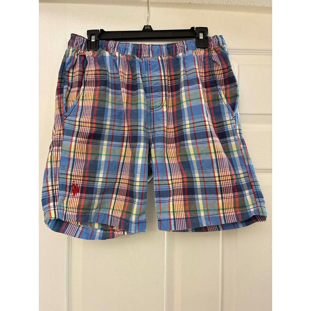 U.S. Polo Assn Plaid Shorts Mens Small Elastic Waist Blue Red Cotton Casual